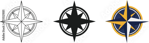 Compass rose icon set nautical navigation symbol in line silhouette and color vector illustration for travel and exploration concepts