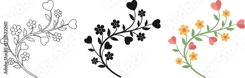 Floral branch with heart-shaped flowers vector illustration in outline silhouette and color perfect for wedding invitations and romantic designs