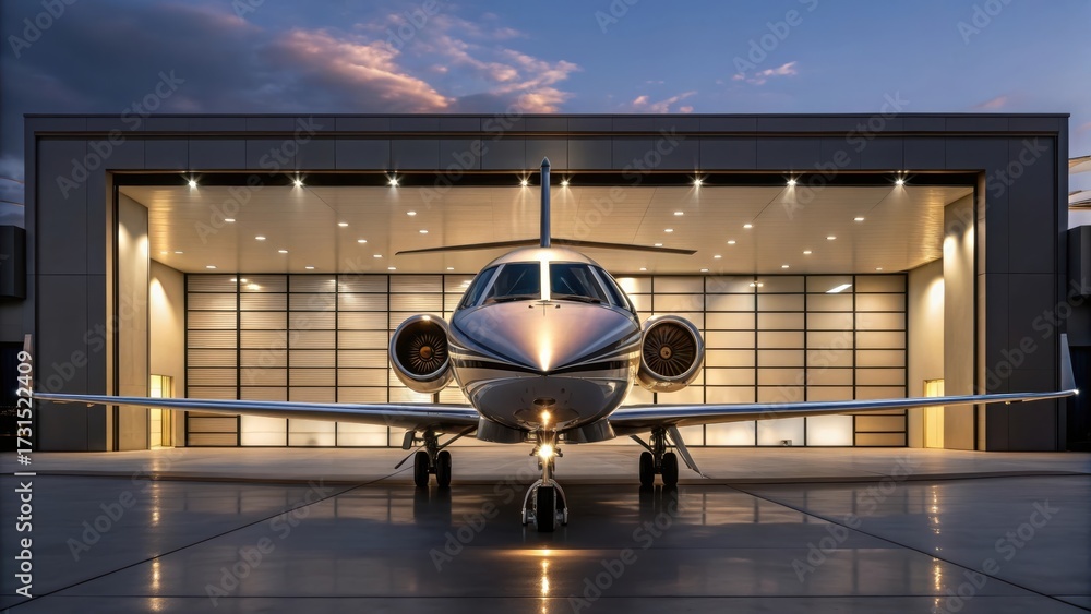 Fototapeta premium A sleek private jet parked in a hangar, illuminated by warm lights, with a twilight sky creating a dramatic backdrop.