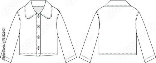 collared long sleeve buttoned short jacket cardigan coat overcoat template technical drawing flat sketch cad mockup fashion woman design style model 
