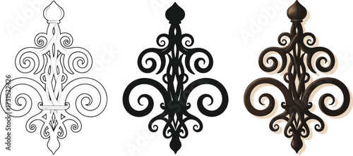 Ornate wrought iron design elements vector illustration in line art silhouette and shaded styles perfect for vintage designs