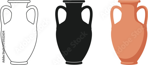 Set of amphora illustrations ancient Greek vase in outline silhouette and color isolated on a white background