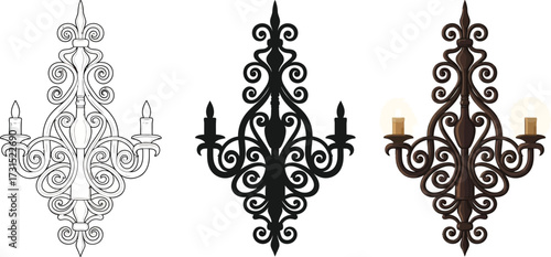 Ornate wrought iron sconce vector set decorative wall lighting fixture with candles isolated on white background