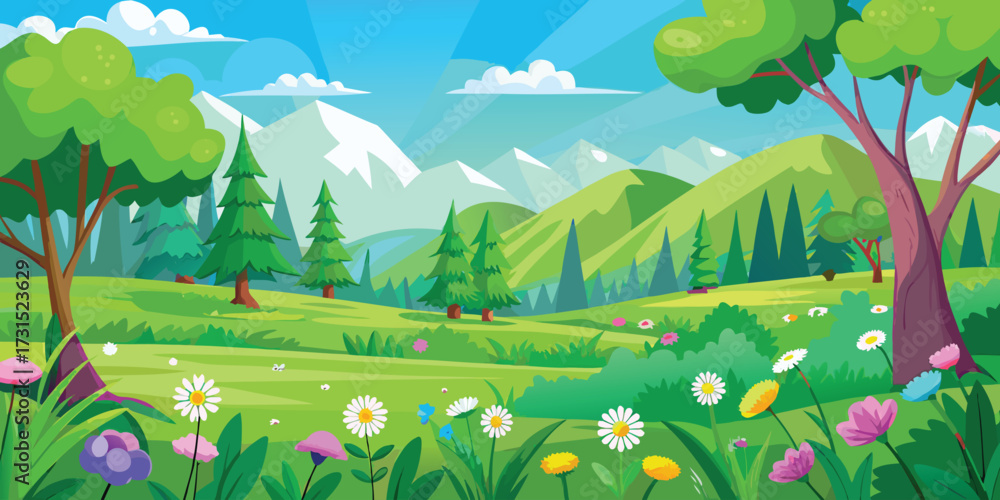 Naklejka premium Vibrant Spring Green Meadow Vector Art Illustration For Fresh Seasonal Landscape
