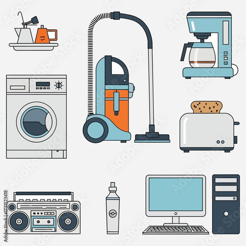 Modern household appliances and essential home electronics collection, presented in a clean flat design vector illustration, ideal for daily living and smart home concepts