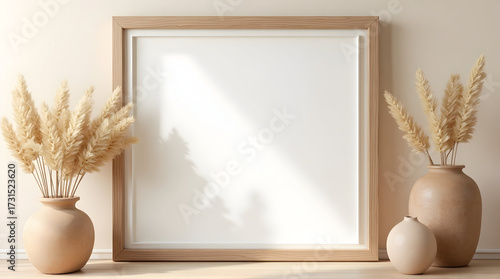 Minimalist Still Life with Empty Frame and Potted Pampas Grass in Neutral Tones