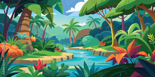 Vibrant Cartoon Tropical Jungle Vector Art Illustration For Children Book Design