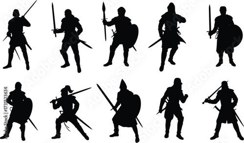 Medieval warrior silhouettes, knights in armor, sword and shield fighters, battle poses, historical combat, vector illustration, black silhouettes