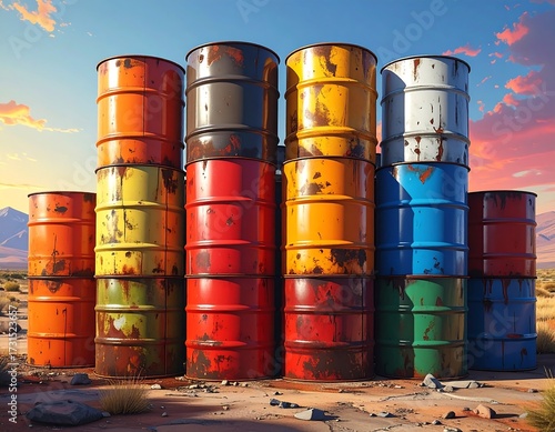 Colorful rusty barrels in desert