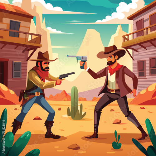 Wild West Duel Scene Vector Art Illustration For Cowboy Vintage Western Concept