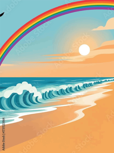Rainbow and Ocean Wave View Illustrator Artwork Design Template Poster