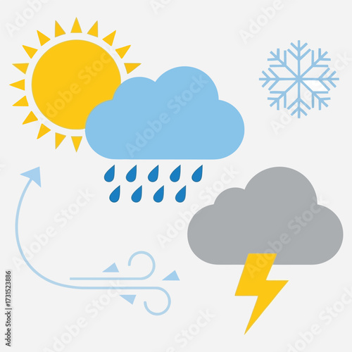 Weather Icons Sun, Clouds, Rain, Wind, Snow, and Lightning, Representing Different Weather Conditions