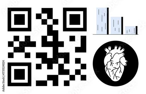 QR code next to a bar graph and anatomical heart icon, combining concepts of digital health tracking and data analysis. Ideal for healthcare, technology, fitness, innovation, education, research
