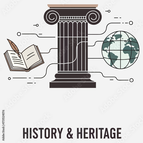 History and Heritage Column, Book, Globe Illustration