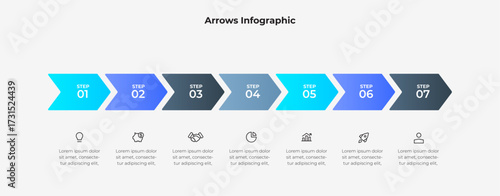 Modern infographic showing seven color arrows forming a step-by-step timeline. Business infographic template with 7 steps