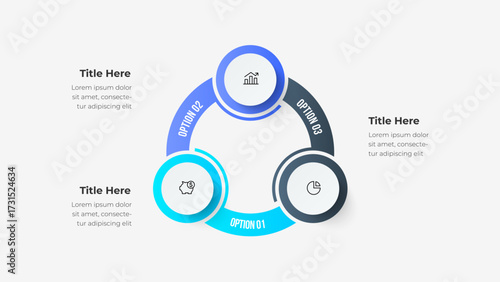 Circular diagram with three segments surrounding a central hub, illustrating options in business strategy, financial planning, and data analytics through clean icons