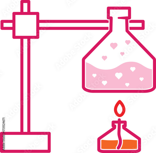Vector illustration of a lab flask with hearts being heated over a burner. Concept of love chemistry, potion, romance, Valentine’s Day, science, experiment, and magical elixir in modern style.