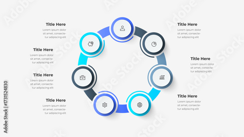 Circular diagram with seven segments surrounding a central hub, illustrating options in business strategy, financial planning, and data analytics through clean icons