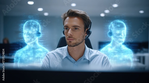 Call center agent with headset and holographic virtual assistants in modern office, focused male operator handling support with futuristic technology and blue hologram figures