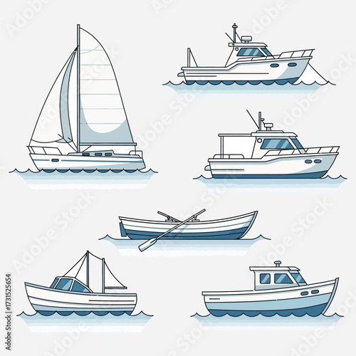 Different types of boats sailing on the water in vector art style - a nautical scene for decoration