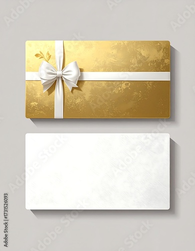 Gold gift card mockup with white ribbon and bow, paired with a blank white card