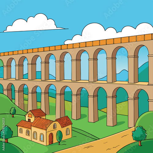 old aqueduct arches spanning valley .eps