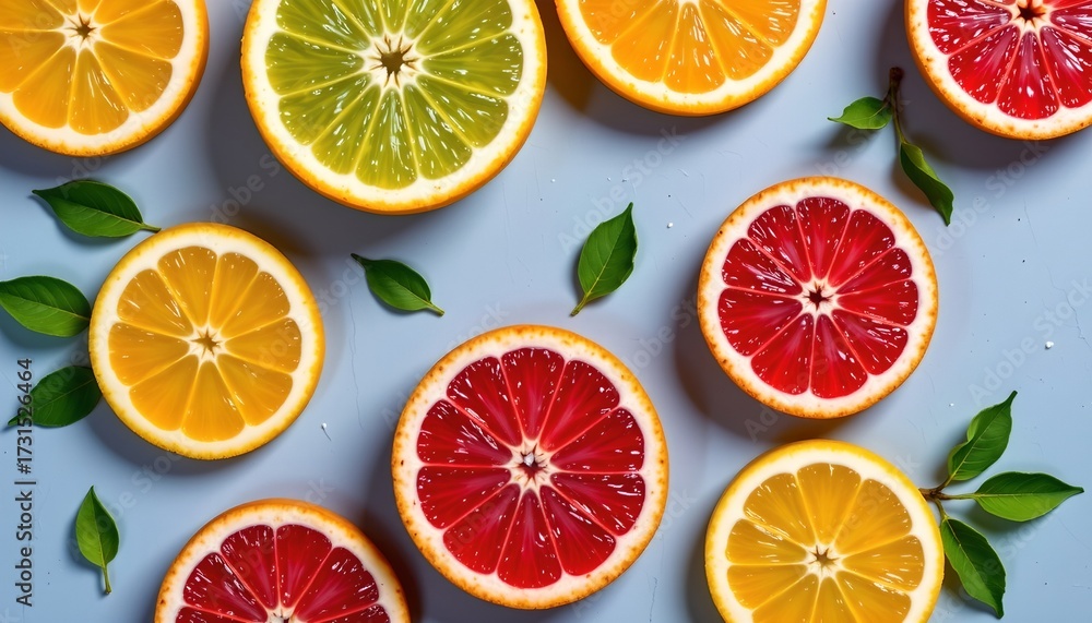 Obraz premium Colorful Citrus Fruit Slices Mottled Gray Surface