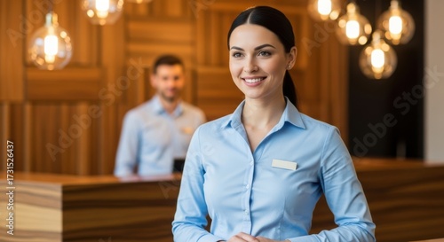 Friendly hotel receptionist welcoming guests with a smile at the front desk