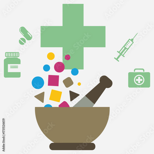Healthcare and Pharmacy Concept with Medical Supplies and Herbal Ingredients