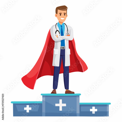 A confident doctor, wearing a superhero cape, stands triumphantly on a winner's podium, symbolizing the essential role, dedication, and success of healthcare heroes