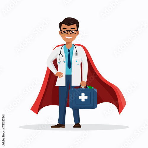 Super doctor in a cape holding a first aid kit and stethoscope, representing healthcare heroism and medical assistance