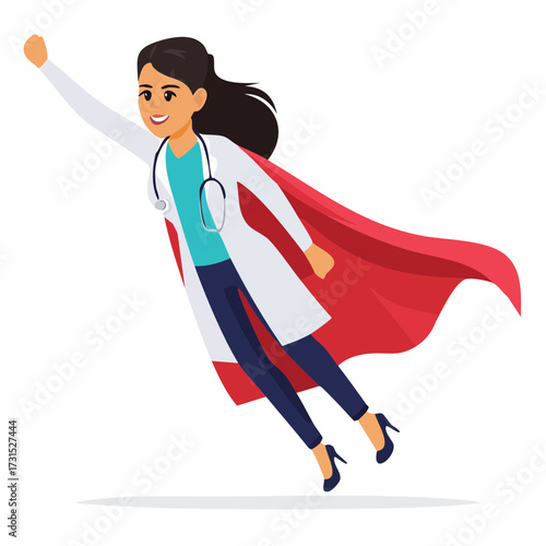 Super Doctor Woman Flying Through Sky With Red Cape and Stethoscope
