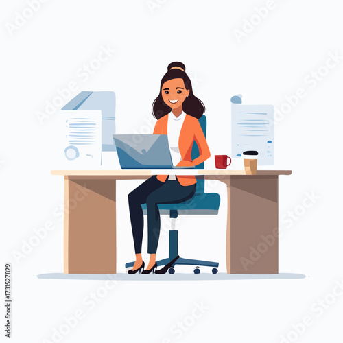 Businesswoman at Desk Efficient Professional Working on Laptop with Papers in Office Setting
