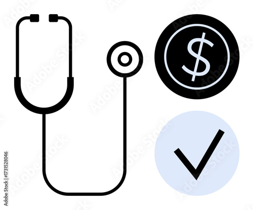 Stethoscope beside a dollar coin and a checkmark, representing medical expenses, health insurance, financial decisions, quality assurance, healthcare policies, budgeting, and approval processes