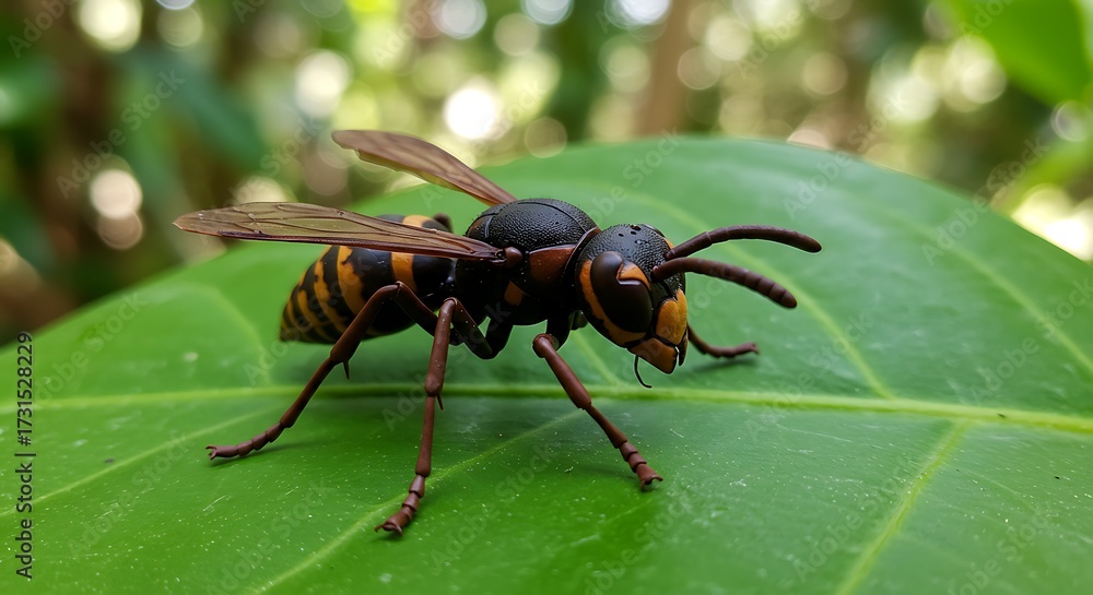 Fototapeta premium Macro photograph of a wasp on a green leaf outdoor natural lighting