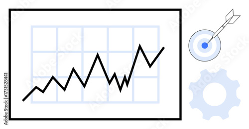 Rising line graph on a chart, target with dart hit in center, and gear for progress, productivity, and strategy. Ideal for business, growth, marketing, finance success analytics simple flat