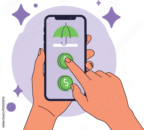 Hand using phone for online insurance payment with umbrella and money icons
