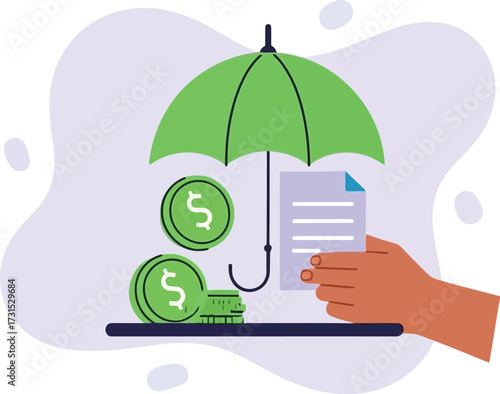 Umbrella protecting money and document isolated on white background