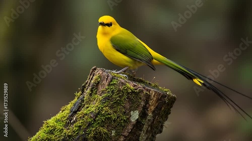 Golden-headed Manakin Bird Displaying on Mossy Stump: Tropical Forest Wildlife