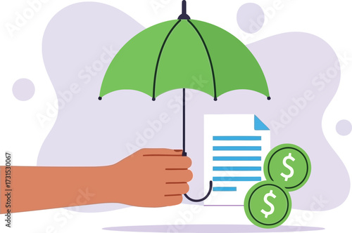 Insurance coverage with umbrella protecting document isolated on white background