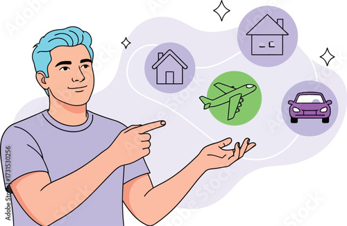 Man pointing at house, car, and plane icons isolated on white background