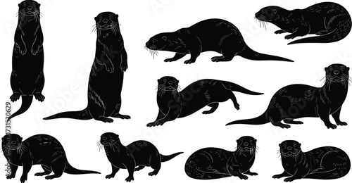 Otter silhouette illustration, black animal shapes, wildlife vector, playful otters, standing, sitting, walking, running, whiskers, tail, nature art
