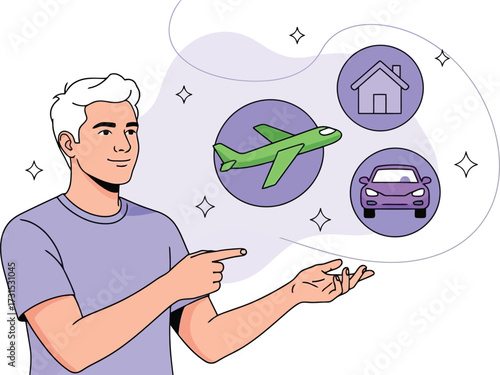 Man presenting house, car, and airplane, concept of insurance and protection
