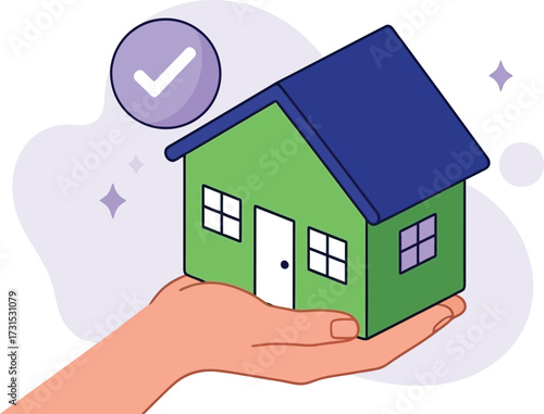 Hand holding a house with checkmark, concept of property insurance approved