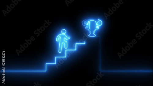 Man and trophy  icon animation on Glowing neon business graph chart concept. Neon icon of a person climbing trophy  with a glowing neon effect 4k Video.