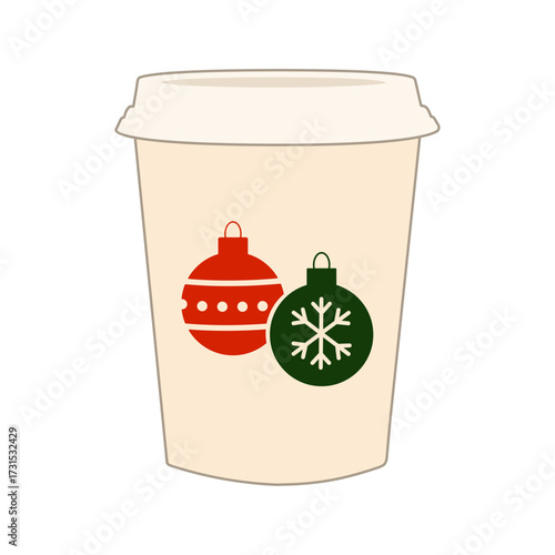 Holiday coffee cup with Christmas ornaments, red ball and green snowflake, perfect for festive season designs