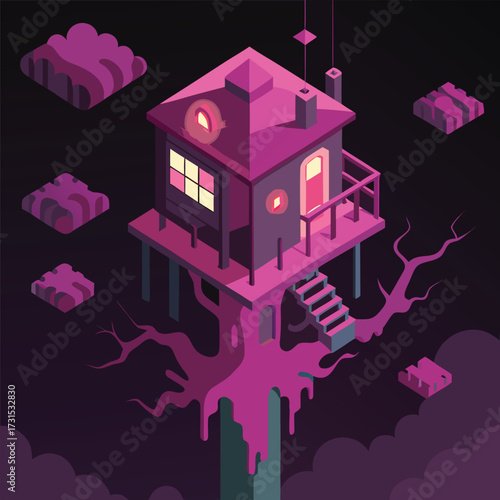 a cyberpunk inspired glowing pink treehouse hidden (1).eps