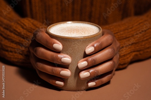 Woman hands in knitted sweater holding coffee cup in warm neutrals. Concept: cozy interiors, autumn mood, caffeine color palette.