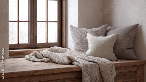 Cozy Window Seat with Pillows and Blanket