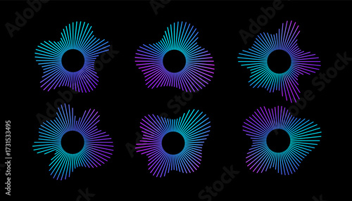 Circular sound wave background. Neon colored abstract audio pattern set. Music beat, voice equalizer effect